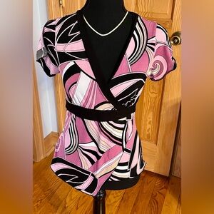 Byline Byer CA Y2K Abstract Swirl Faux Wrap Top Pink Black White Stretch Sz Med